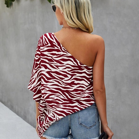 brown zebra print stripes one shoulder tunic top - Picture 4 of 12